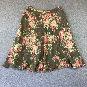Jones New York Olive Green Floral A-Line Skirt with Pink Roses